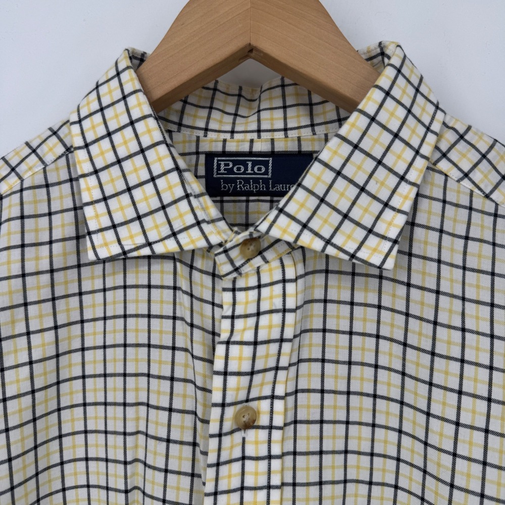 Polo  Ralph Lauren Large Mens Dress Shirt Plaid Checkered Button Up White Yellow